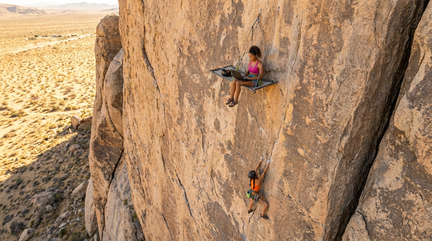 A person working on a laptop while seated on a portaledge suspended from a desert cliff, far above the valley