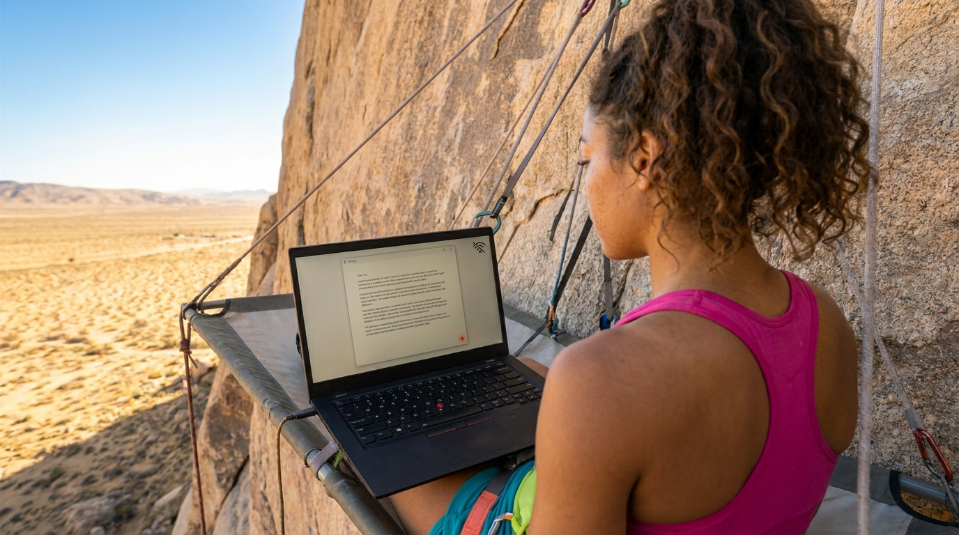A person at a laptop whose screen shows a document and a no-wifi icon, on a mountain ledge