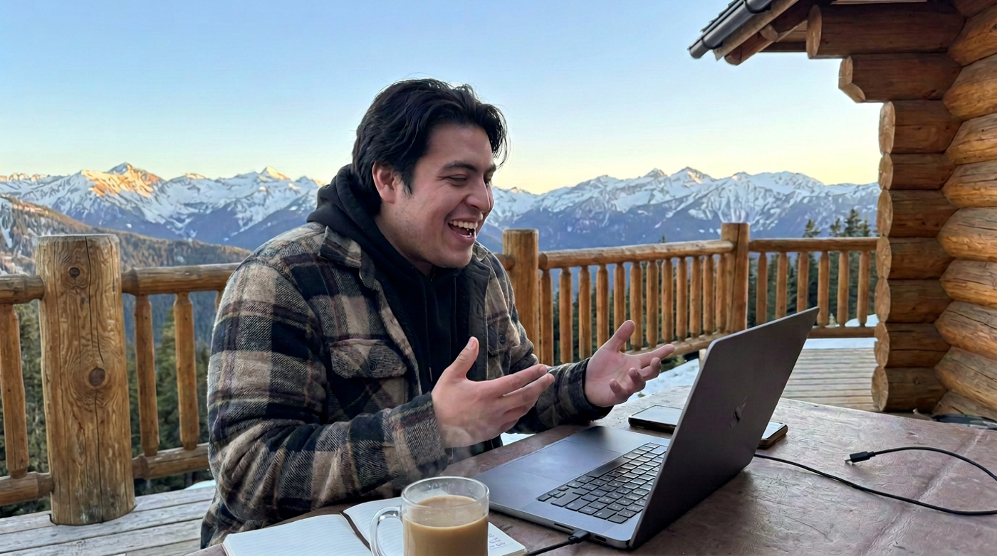 A man on a cabin deck high in the mountains, talking to his laptop while it types